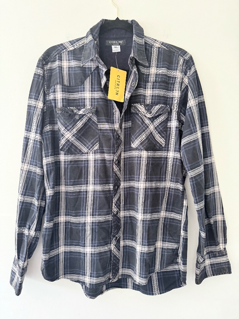NWT Citron 100% Cotton Womens Black Plaid Western style Snap Front Shirt Grunge
